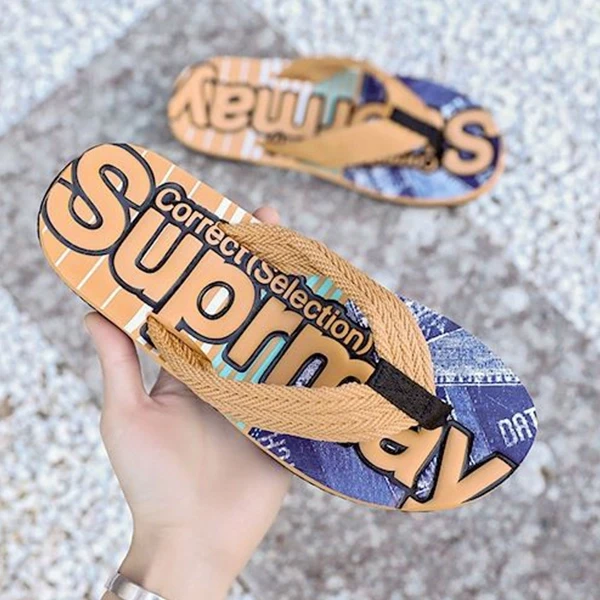 Letter Embossed Anti Slip Beach Wear Flat Design Slippers Men Casual Wear Flip F