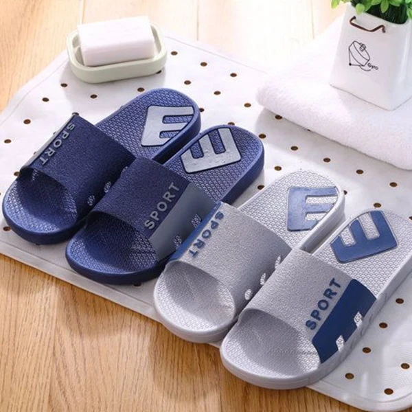 Men's Non-Slip Slide Letter Print Slippers - Summer Indoor Comfort - Blue Casual