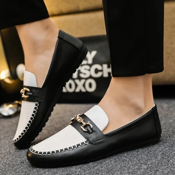 Premium PU Leather Men's Loafers - Black/White Slip On Formal & Casual