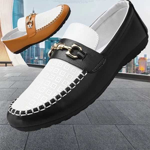 Premium PU Leather Men's Loafers - Black/White Slip On Formal & Casual
