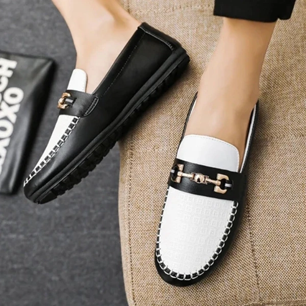 Premium PU Leather Men's Loafers - Black/White Slip On Formal & Casual