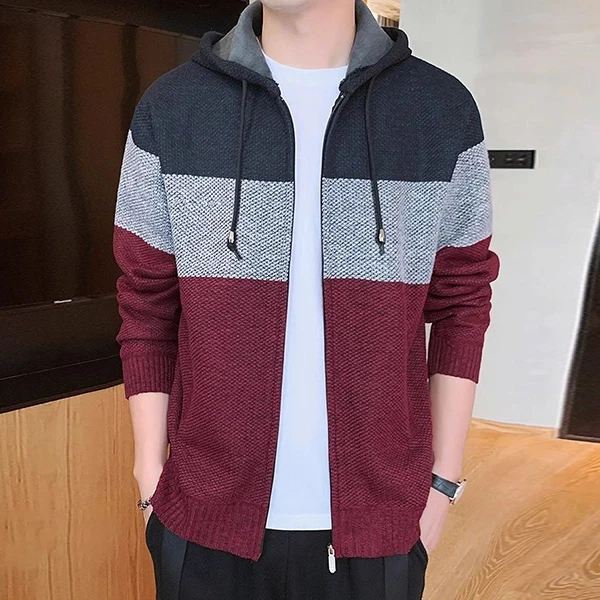 Colorful Zip Hoodie Red Jacket for Men Warm Winter Outerwear Drawstring Men Hood