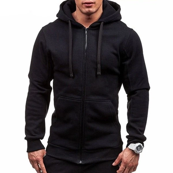 Men's Black Zip-Up Hoodie Sweatshirt Polyester Long Sleeve