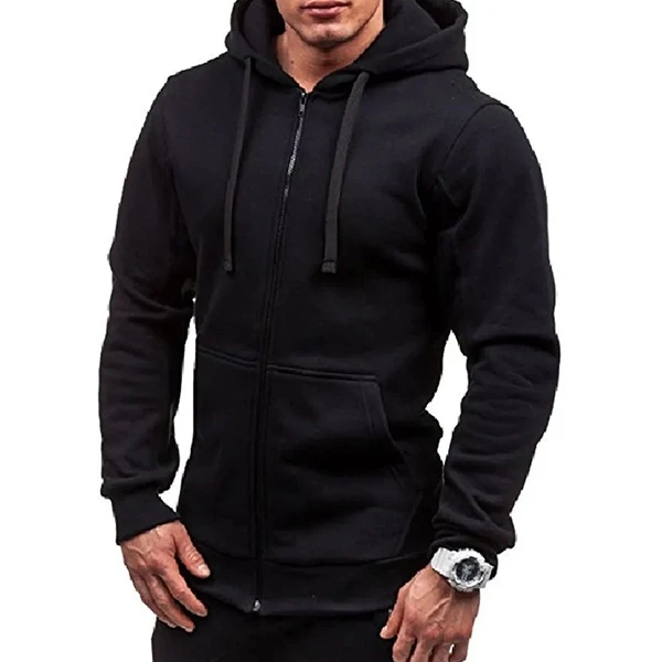 Men's Black Zip-Up Hoodie Sweatshirt Polyester Long Sleeve
