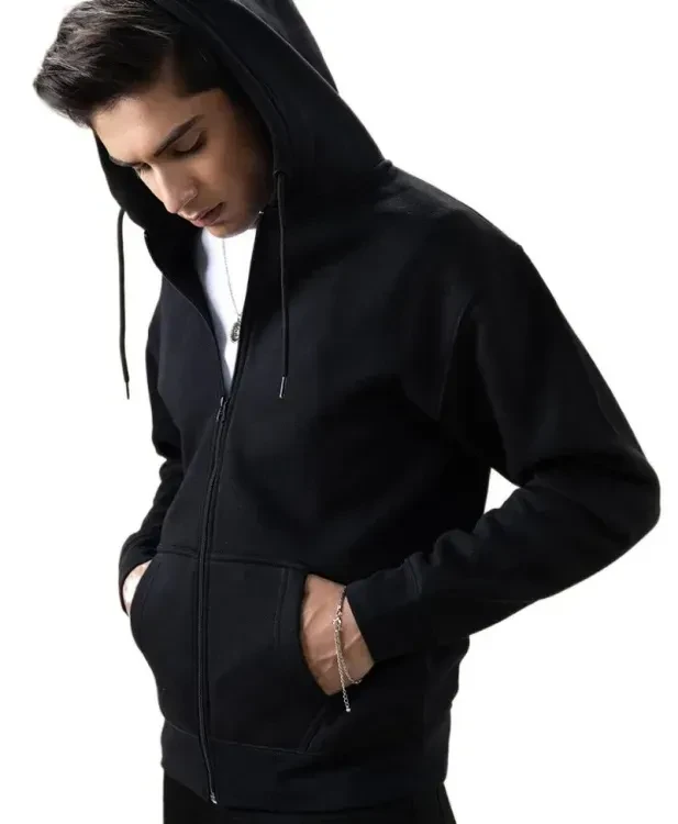 Men's Black Zip-Up Hoodie Sweatshirt Polyester Long Sleeve