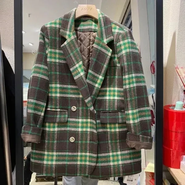 Plaid Lapel Neck Women's Blazer - Stylish Double Breasted Coat for Casual Outfit