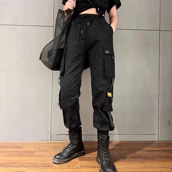 High Waist Multi Pocket Design Drawstring Closure Black Color Narrow Bottom Carg