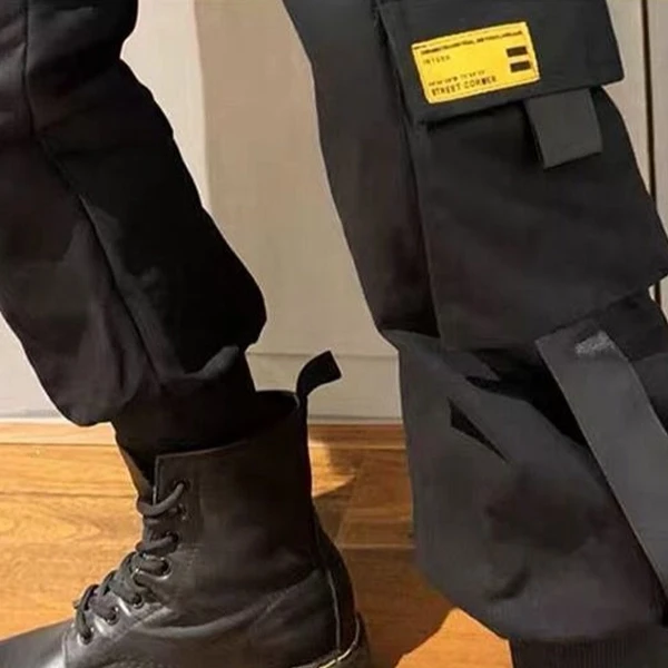 High Waist Multi Pocket Design Drawstring Closure Black Color Narrow Bottom Carg