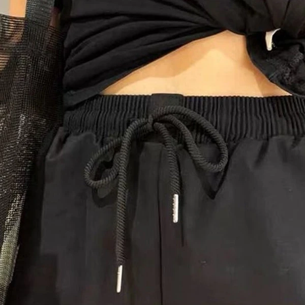High Waist Multi Pocket Design Drawstring Closure Black Color Narrow Bottom Carg