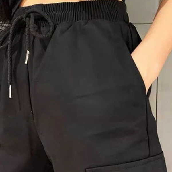 High Waist Multi Pocket Design Drawstring Closure Black Color Narrow Bottom Carg
