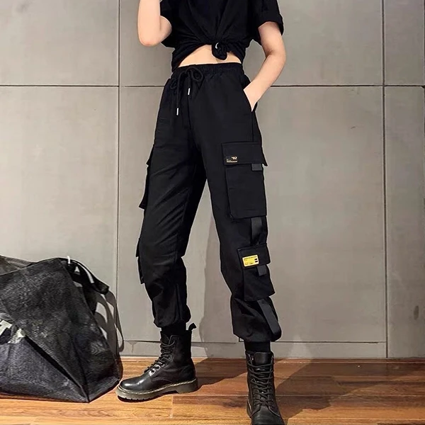 High Waist Multi Pocket Design Drawstring Closure Black Color Narrow Bottom Carg