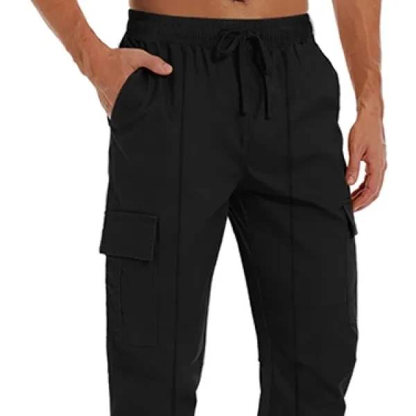 Multi Pockets Design Drawstring Closure Elastic Waist Narrow Bottom Men Cargo Pa