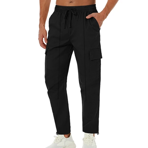 Multi Pockets Design Drawstring Closure Elastic Waist Narrow Bottom Men Cargo Pa