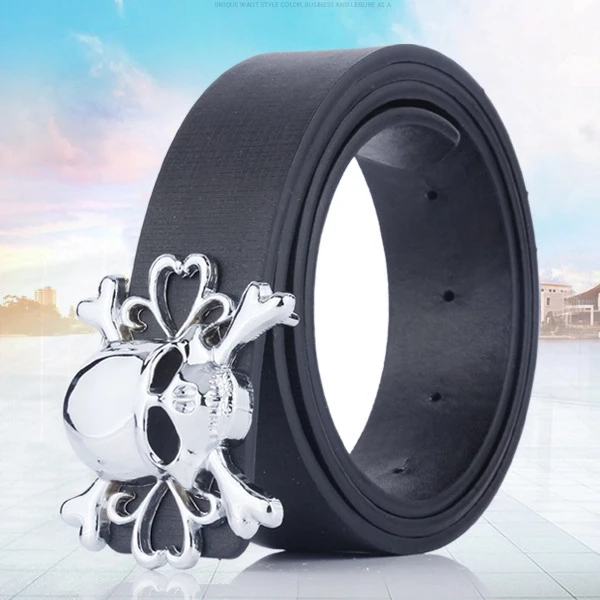 Black Silver Skull Buckle Leather Belt - Stylish Men's Accessory