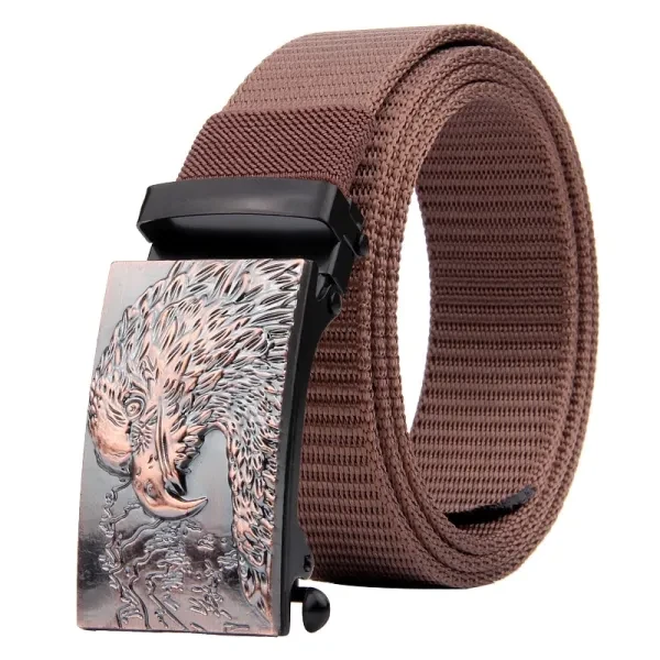 Brown Metal Buckle Nylon Men's Belt with Eagle Design - Stylish & Casual
