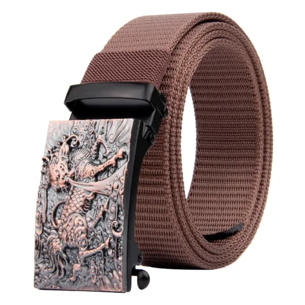 Premium Dragon Metal Buckle Vintage Brown Nylon Belt for Men.