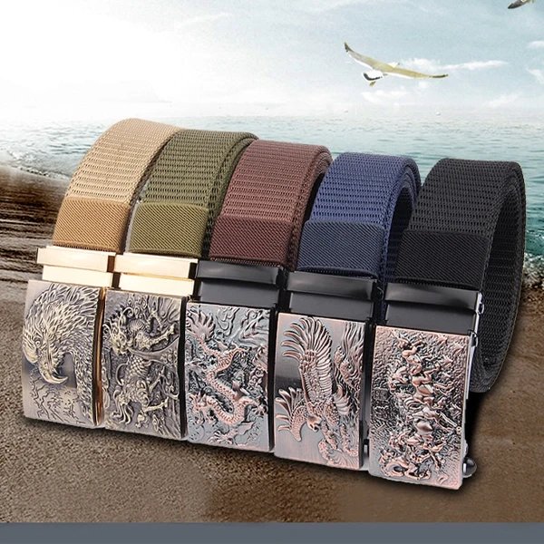 Premium Dragon Metal Buckle Vintage Brown Nylon Belt for Men.
