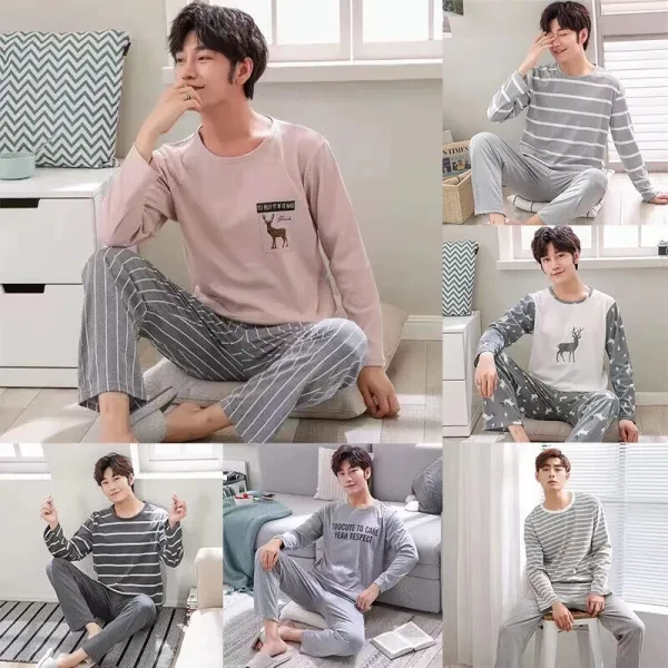 Stripes Print Men's Pajama Set | Dark Gray | Long Sleeves | Elastic Waist