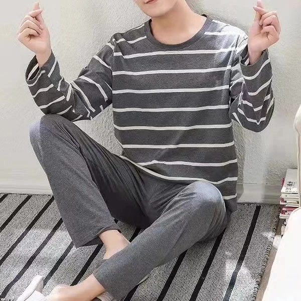 Stripes Print Men's Pajama Set | Dark Gray | Long Sleeves | Elastic Waist