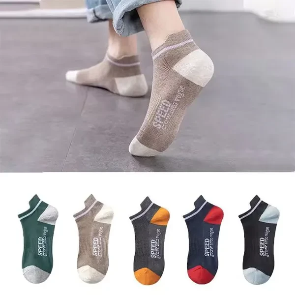 5 Pairs Multi Tone Letters Pattern Breathable Men Fashion Summer Wear Casual Ank