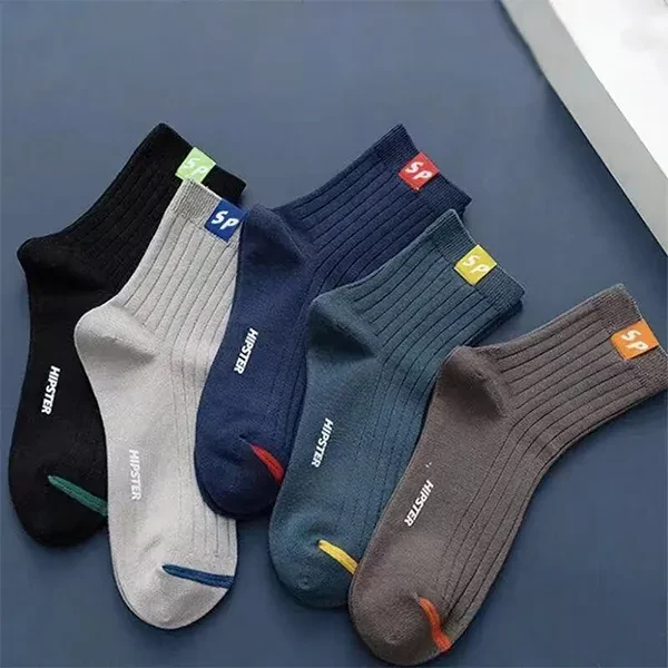 Multi Color Ribbed Pattern Men Socks 5 Pairs Breathable Cotton Casual Formal Wea
