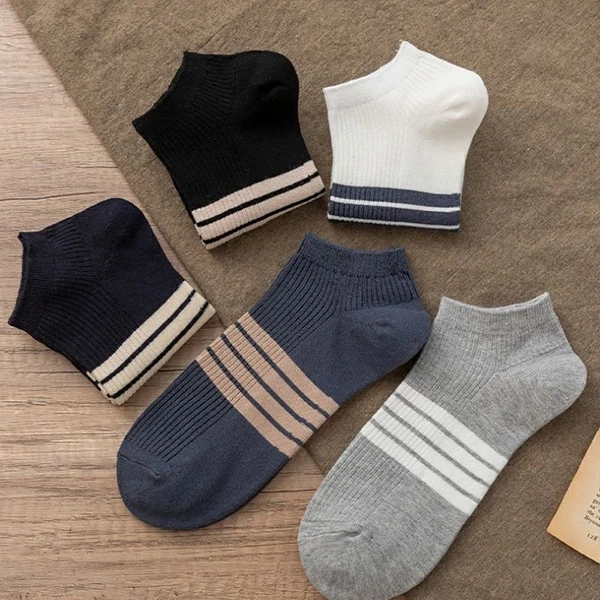 Multi Tone Stripes Print Men Fashion Low Cut Socks Breathable 5 Pairs Casual Off