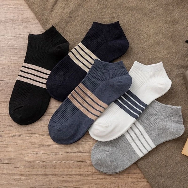 Multi Tone Stripes Print Men Fashion Low Cut Socks Breathable 5 Pairs Casual Off