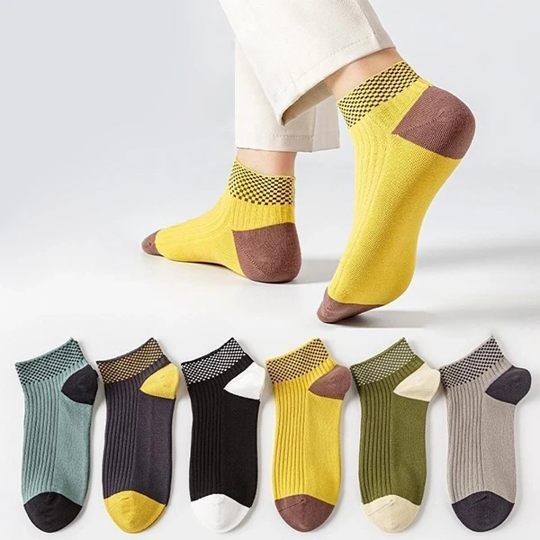 Multi Color Plaid Pattern Breathable Men Ankle Socks 5 Pairs Summer Thin Fabric