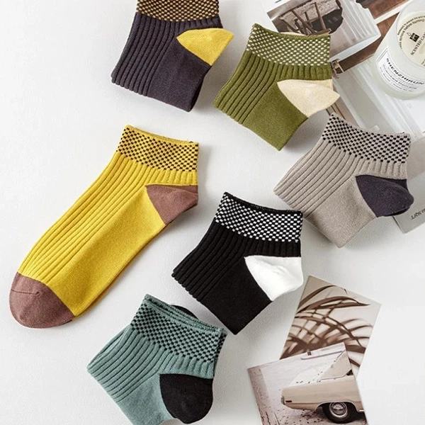 Multi Color Plaid Pattern Breathable Men Ankle Socks 5 Pairs Summer Thin Fabric