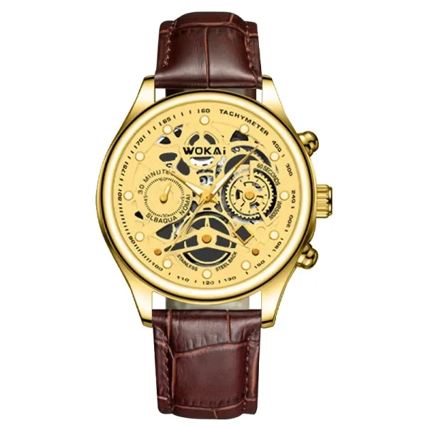Golden Style Sports Quartz Men Watch, Hollow Quartz Watch With Casual Faux Leath