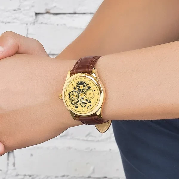 Golden Style Sports Quartz Men Watch, Hollow Quartz Watch With Casual Faux Leath