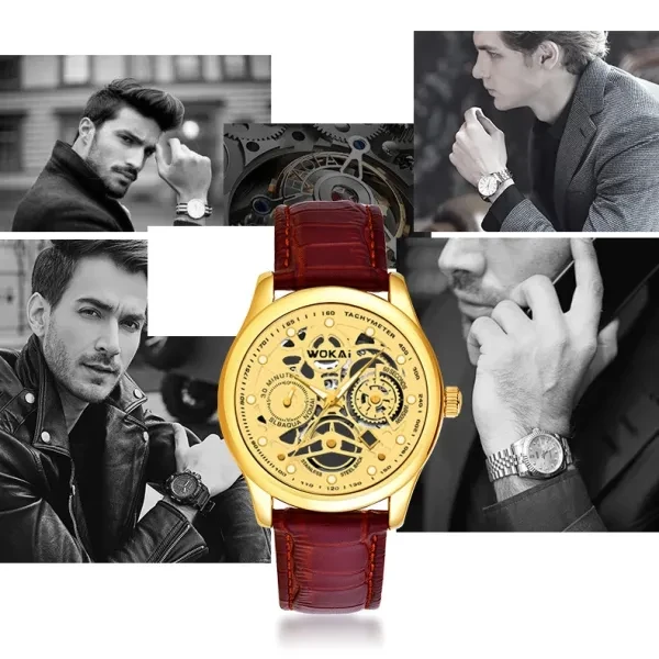 Golden Style Sports Quartz Men Watch, Hollow Quartz Watch With Casual Faux Leath