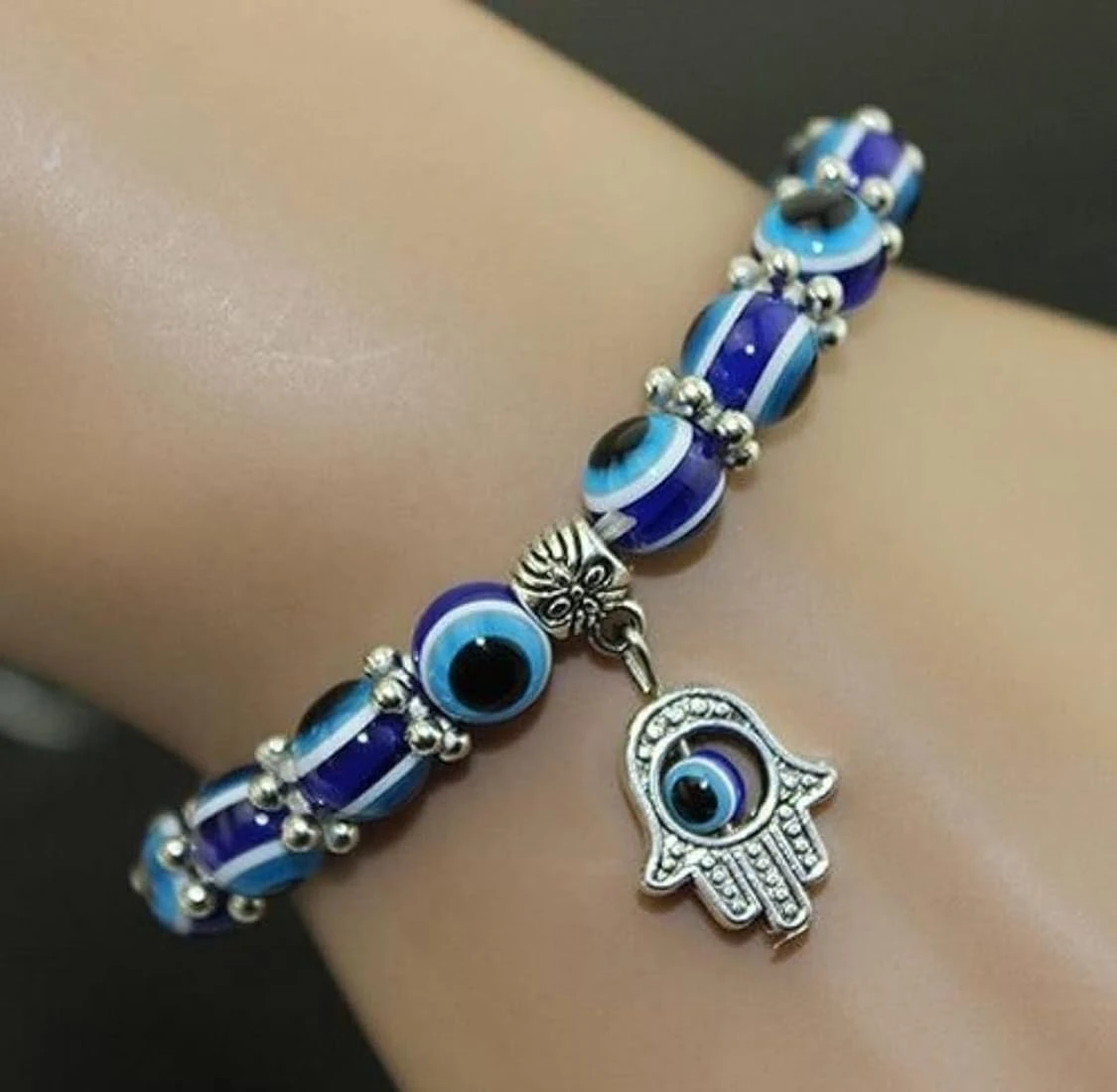Blue Beads Bracelet - Stretchable Hand Charm for Men and Women - Metal Embellish