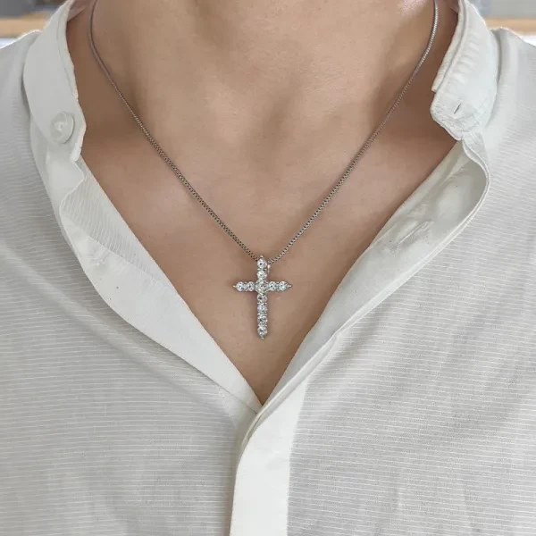 Shiny Crystals Decorated Silver Plated Men Clavicle Snake Chain Cross Pendant Ne