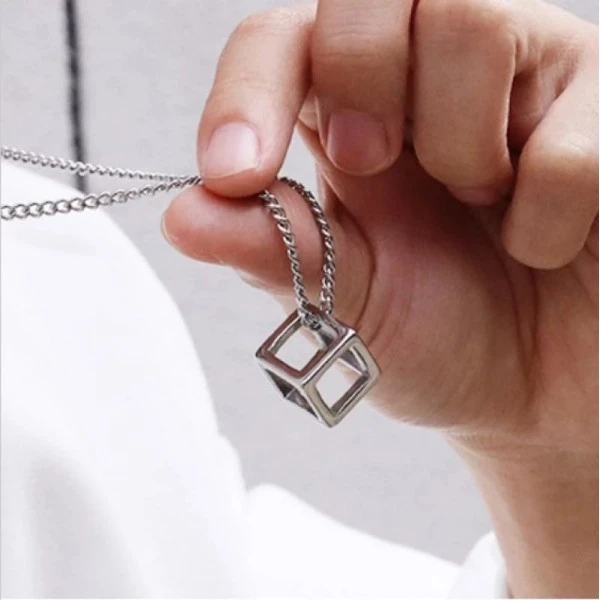 Engraved Silver Metal Cube Pendant for Stylish Men