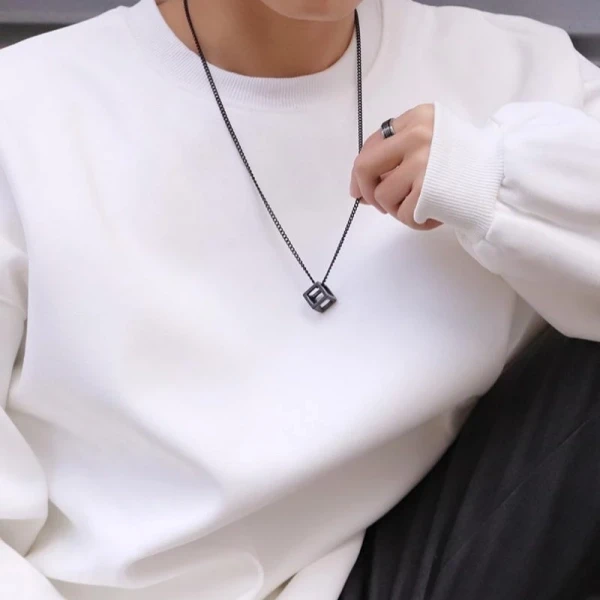 Engraved Silver Metal Cube Pendant for Stylish Men