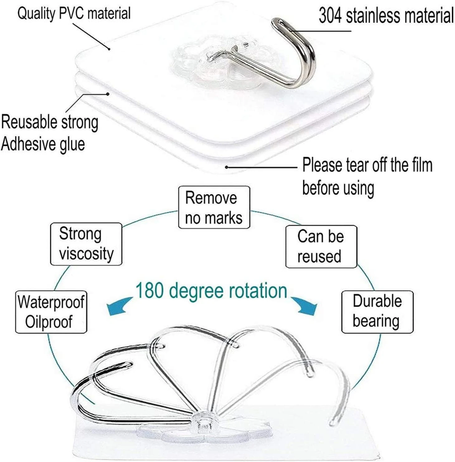 Sky-Touch Adhesive Hooks Heavy Duty Wall Hooks 20Pack 8Kg Max, Self Adhesive Hoo