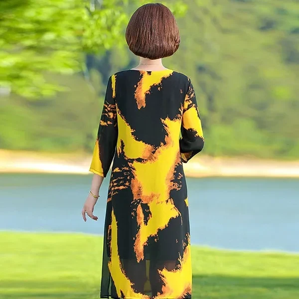 Ink Splash Print Long Sleeves Women Casual Dresses Round Neck Side Split Hem Loo