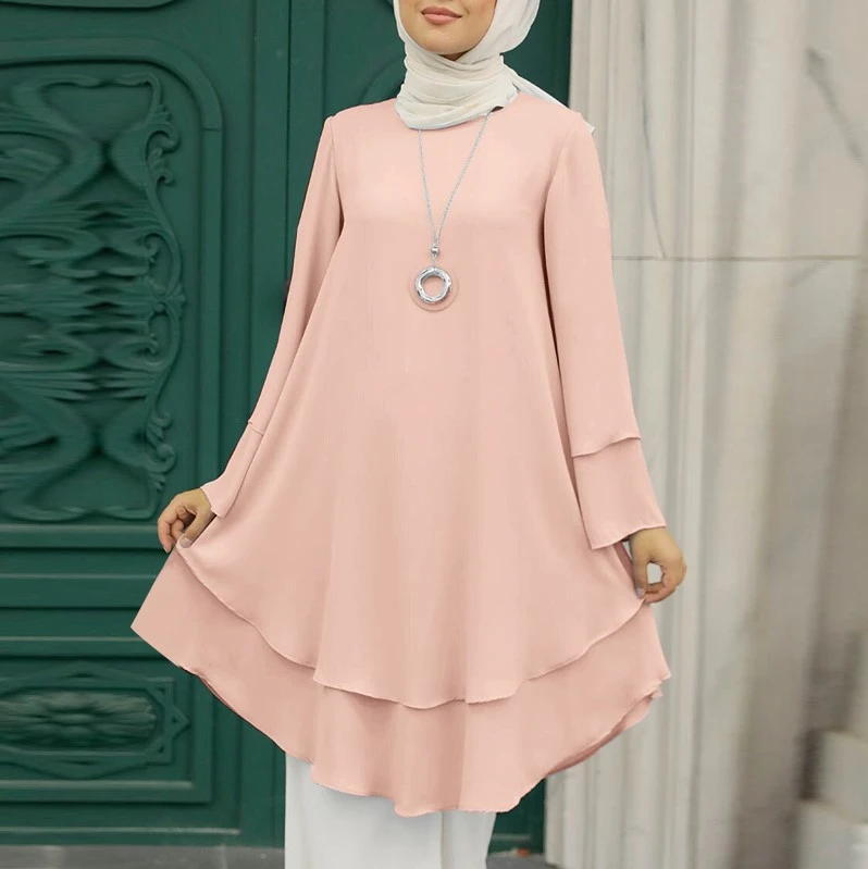 Two-layer Design Shirt Round Neck Solid Color Elegant Holiday Party Top Turkish 