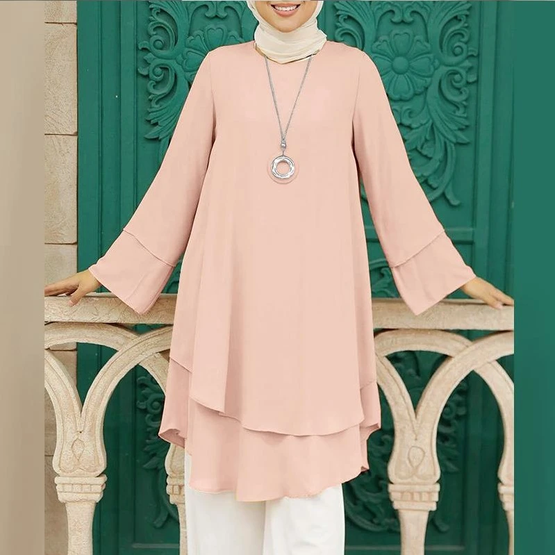 Two-layer Design Shirt Round Neck Solid Color Elegant Holiday Party Top Turkish 