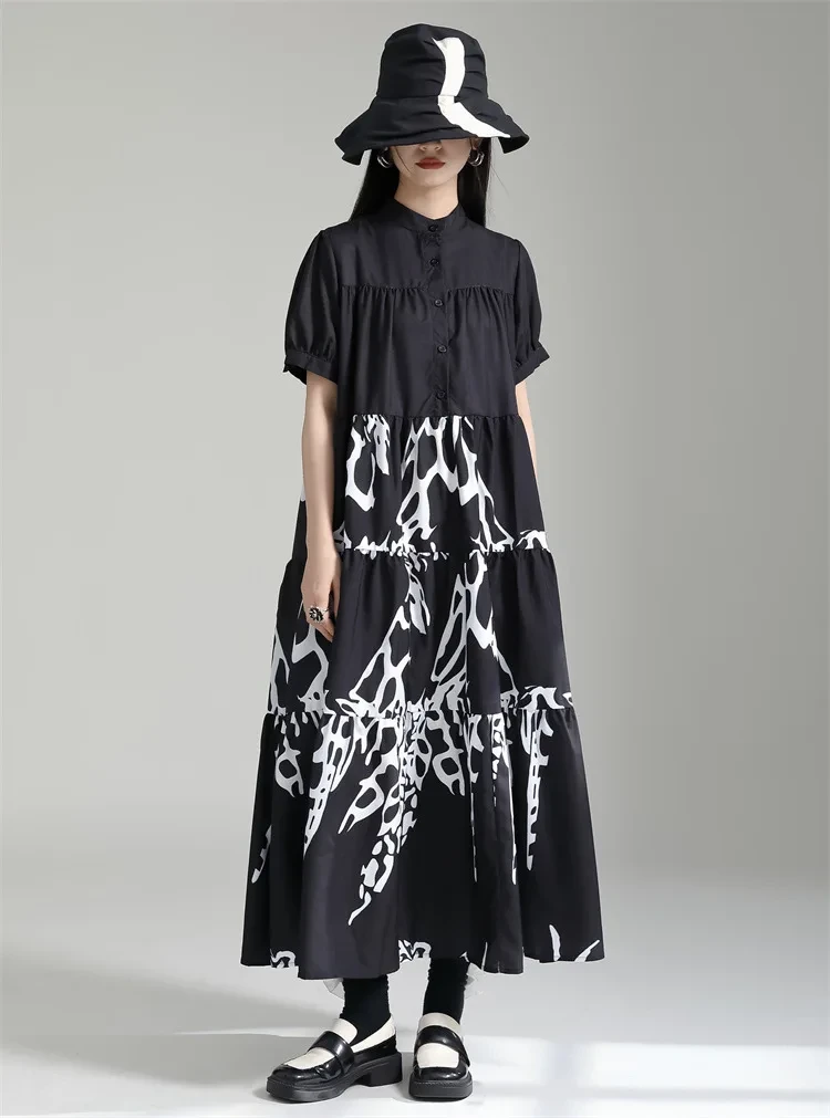Tannt Women Dress Short Sleeves Printing Shirts Dresses Black White Vintage Long