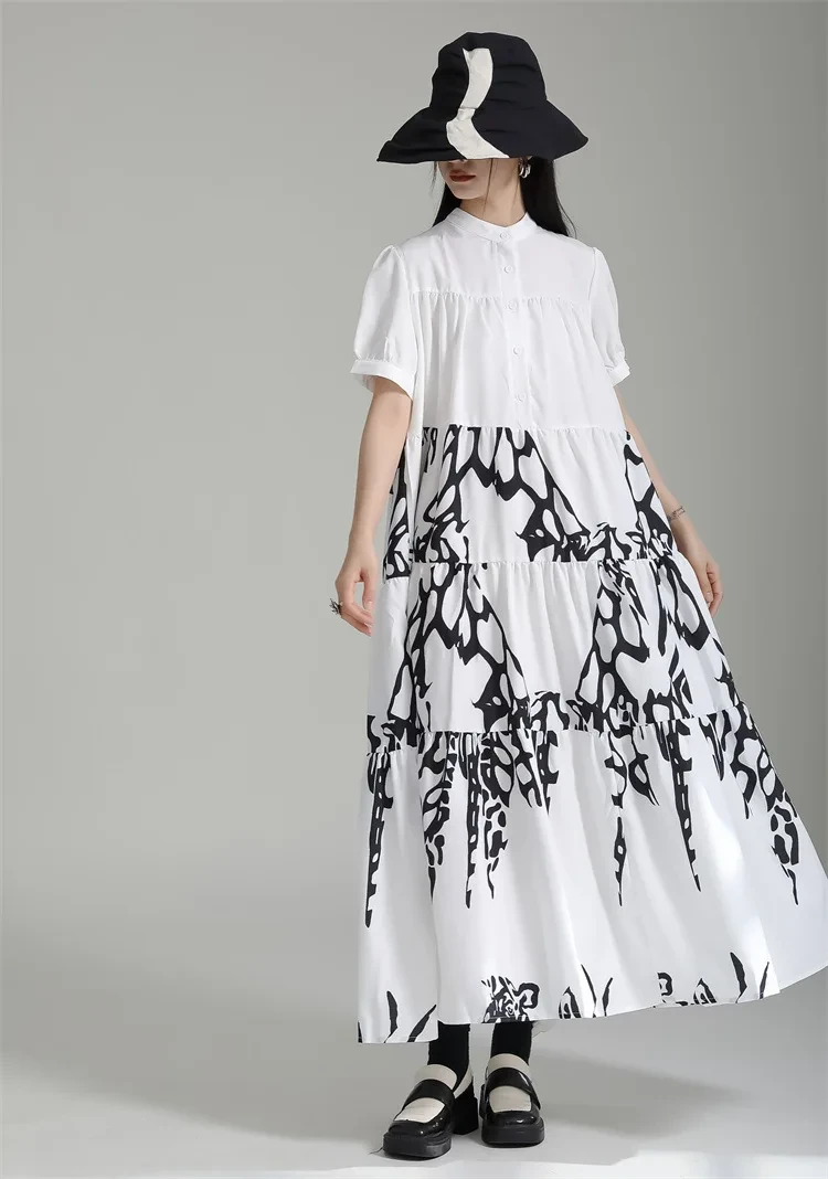 Tannt Women Dress Short Sleeves Printing Shirts Dresses Black White Vintage Long