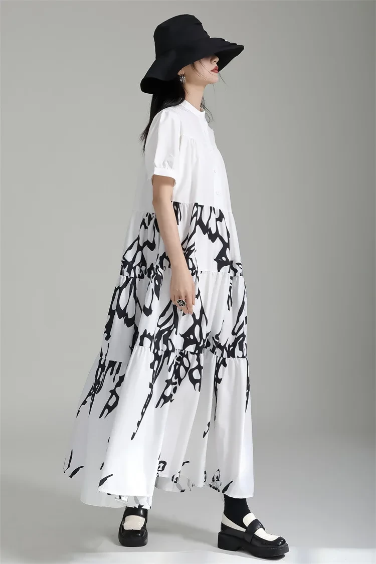 Tannt Women Dress Short Sleeves Printing Shirts Dresses Black White Vintage Long