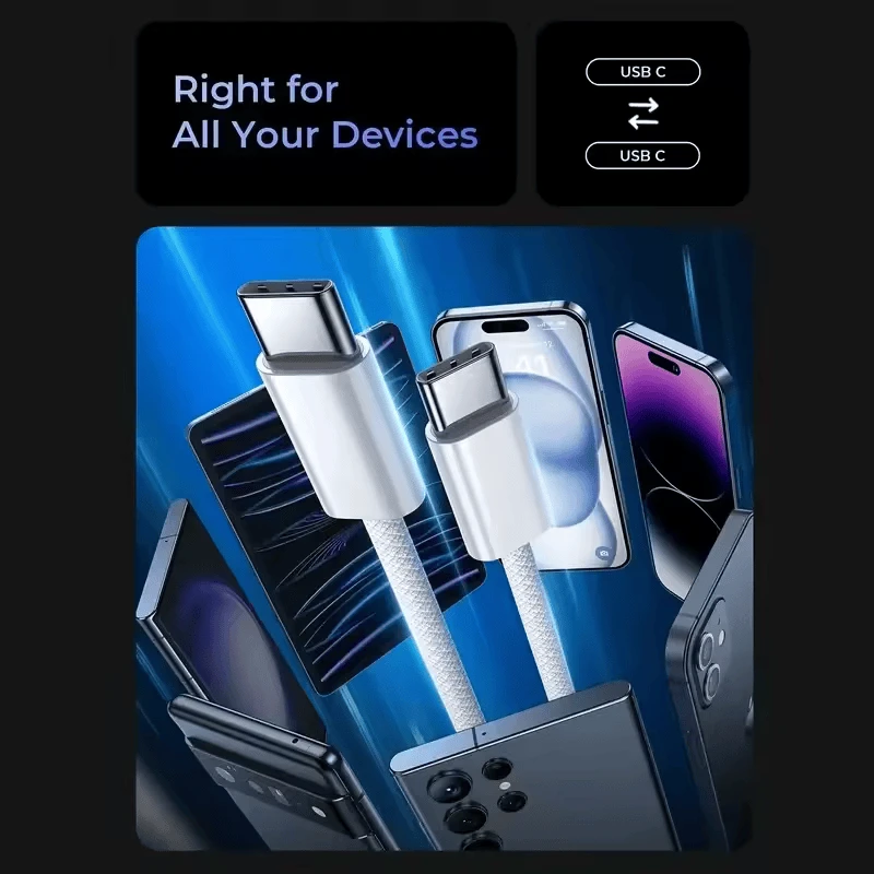 Original 60W PD USB-C to USB-C Fast Charger Cable for iPhone 15/16 Series, Xiaom