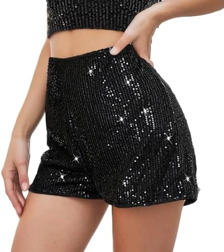 Women's Sequin Sparkle Elastic High Waist A Line Party Concert Shorts