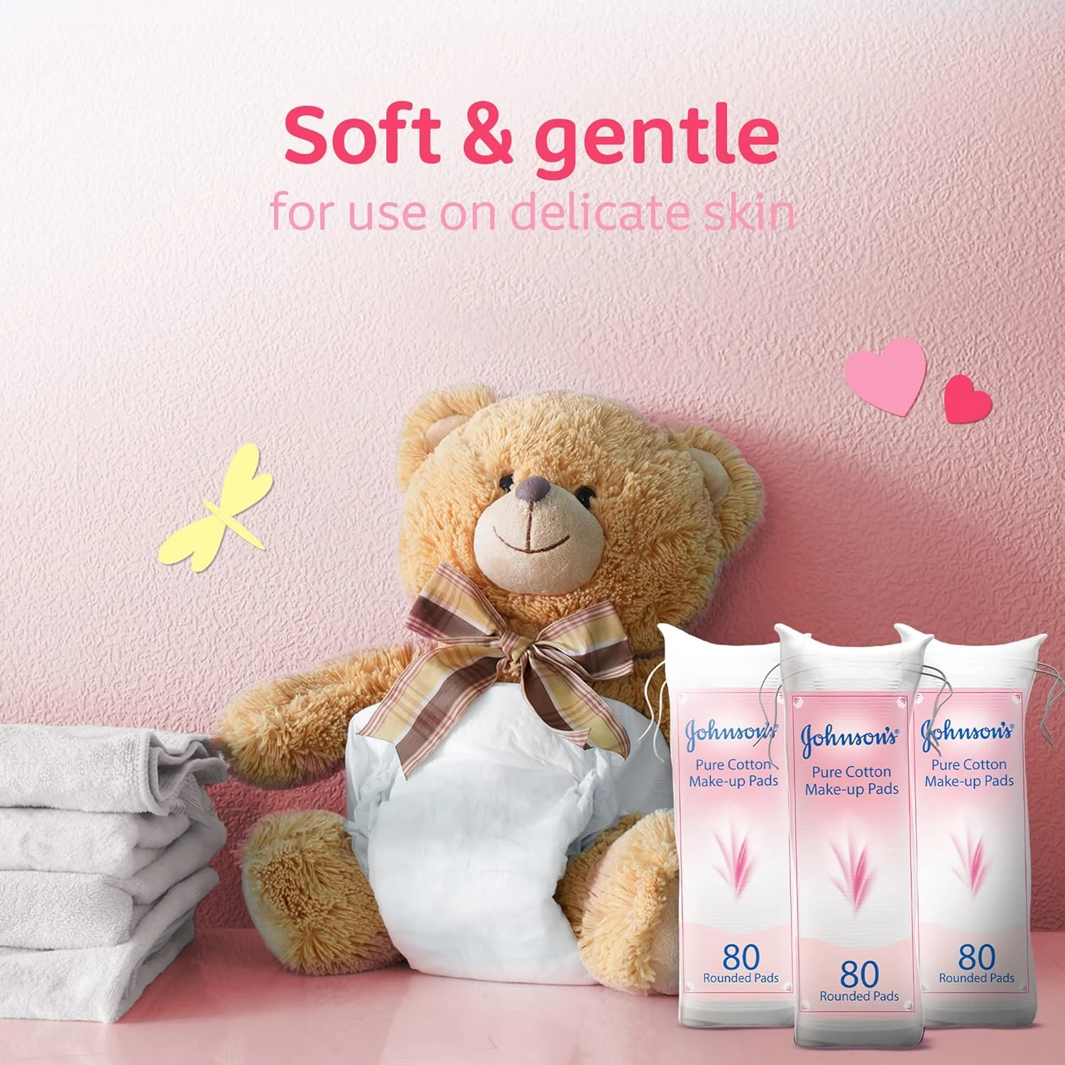 Johnson’s Pure Cotton Makeup Pads, Pack of 3x80 Rounded Pads, Crafted from Pure