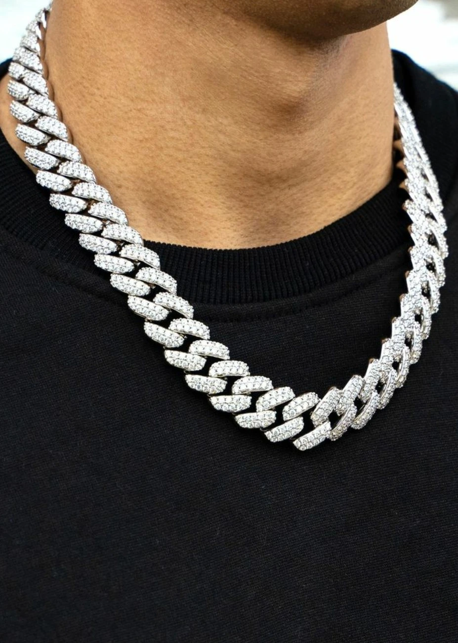 Men Hip Hop Rhombus Cuban Chain Iced Out Bling Necklace 14mm Width Chains Hiphop
