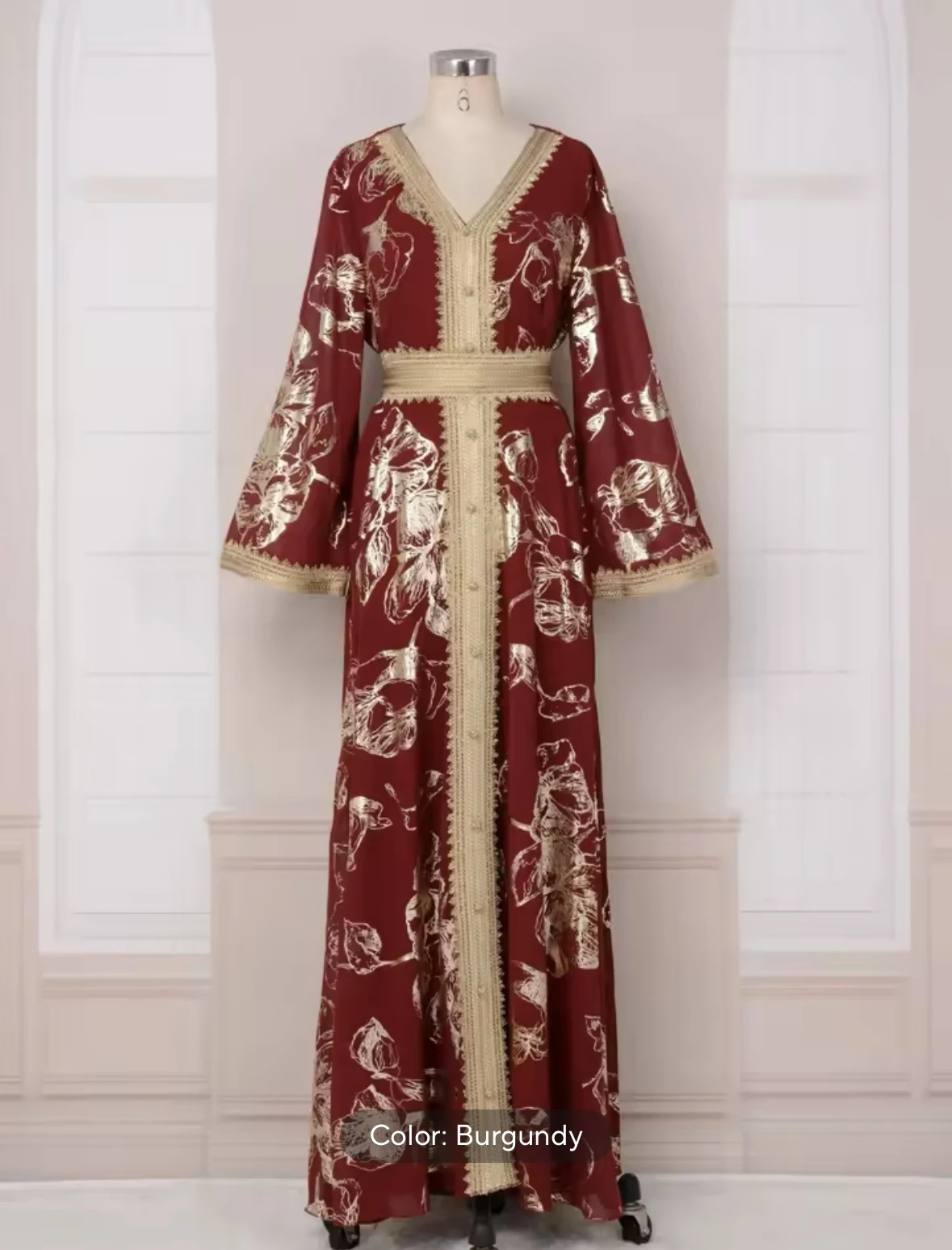 Moroccan Kaftan Foil Print Arabic Dress with belt for Women evening party Muslim