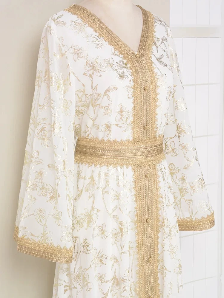 Moroccan Kaftan Foil Print Arabic Dress with belt for Women evening party Muslim