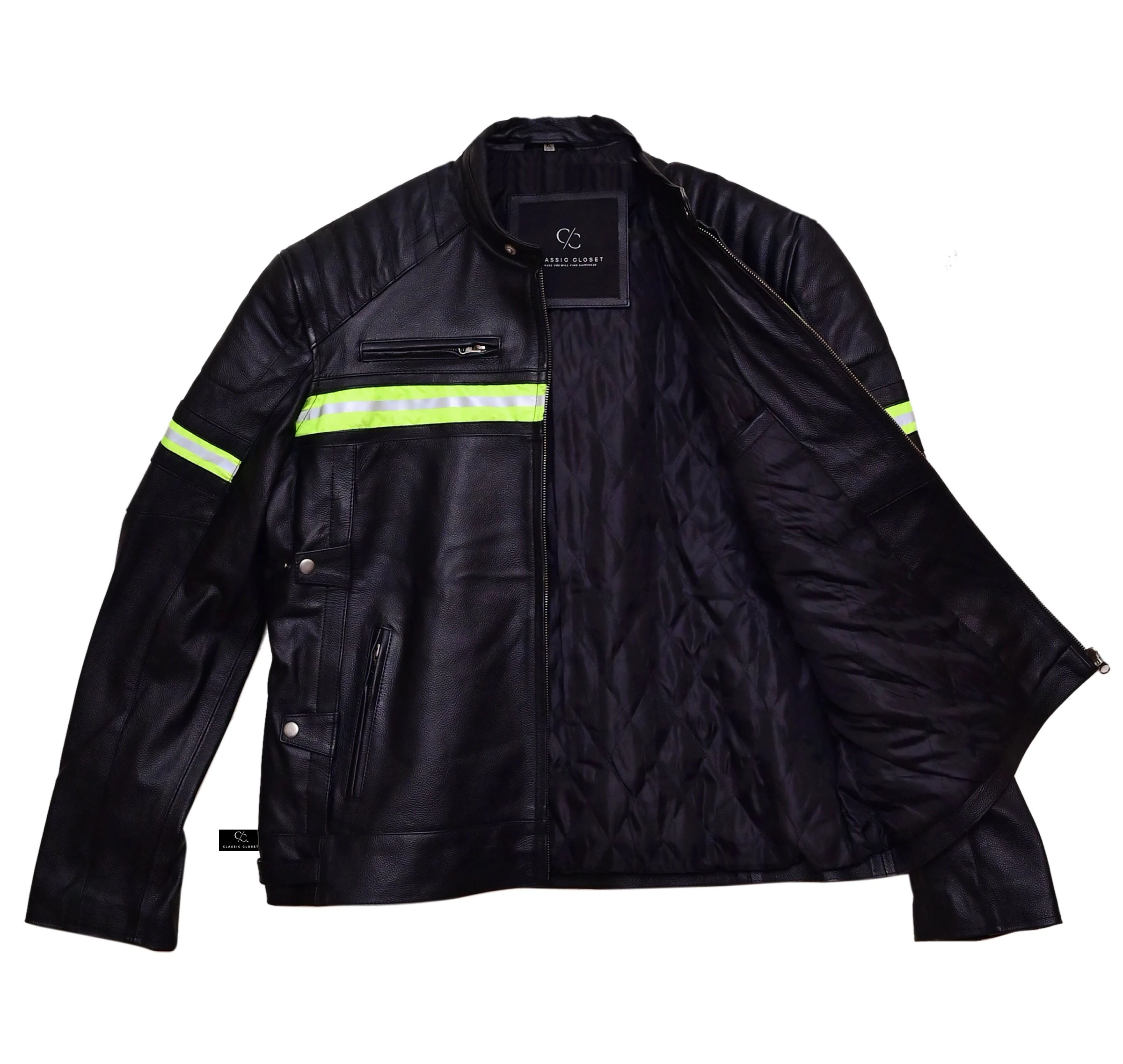 Men's HD Reflective Leather Jacket - Harley Motorbike Leather Jacket - Cafe Race